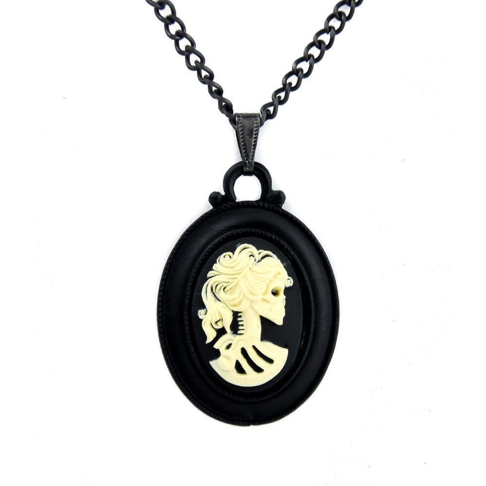 Black Goth Victorian Skeleton Girl Cameo Necklace